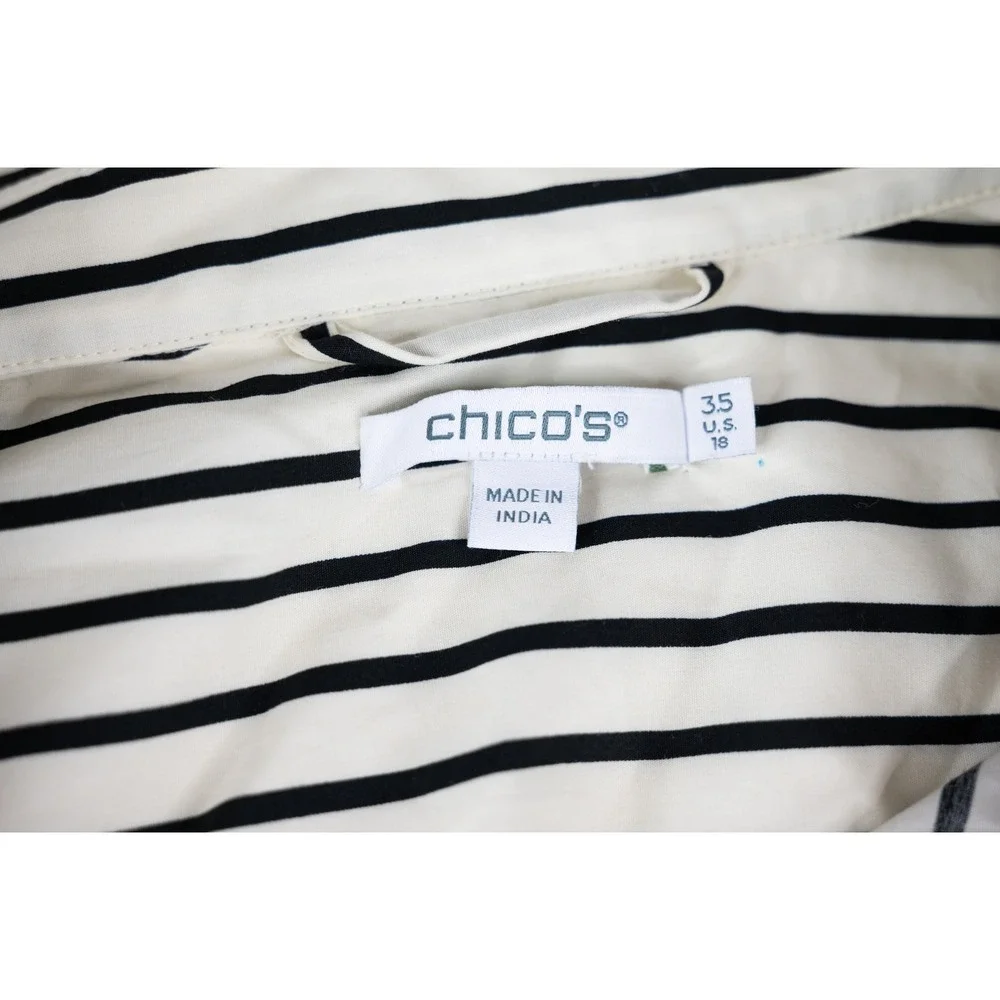 Chico's Shirt Dress Womens 3.5 (US 18) Ivory Black Stripe Excellent Cotton Maxi - Picture 6 of 7